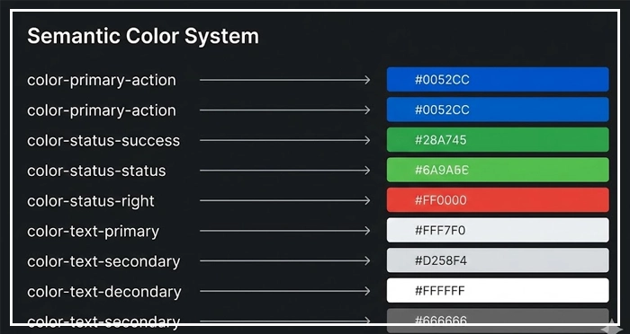 A visualization of a semantic color system A visualization of a semantic color system, showing how to decouple function from appearance as a best practice in color theory for scalable design tokens.