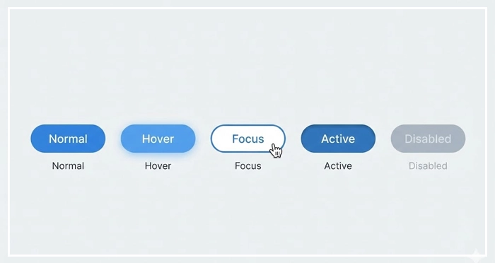 Buttons & CTAs in a design system Normal, Hover, Focus, Active, and Disabled. Visual representation of five key states for Buttons & CTAs in a design system: Normal, Hover, Focus, Active, and Disabled.