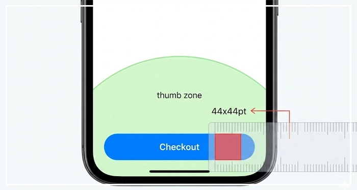Buttons & CTAs placement in the thumb zone and minimum touch target size Mobile UI design showing optimal Buttons & CTAs placement in the thumb zone and minimum touch target size.