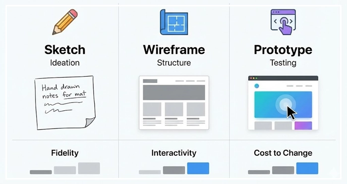 Comparison- Sketch vs Wireframe vs Prototype A comparison chart visually distinguishing between Sketch, Wireframe, and Prototype stages in design.