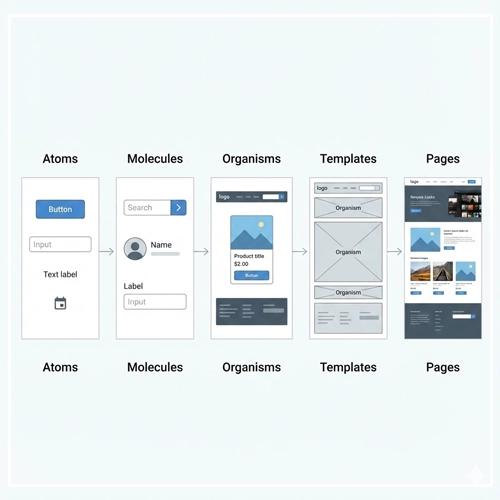 Component Architecture and Atomic Design A visual representation of the Atomic Design methodology, showing a progression from simple Atoms (buttons, inputs) to Molecules, Organisms, Templates, and finally, complete Pages.