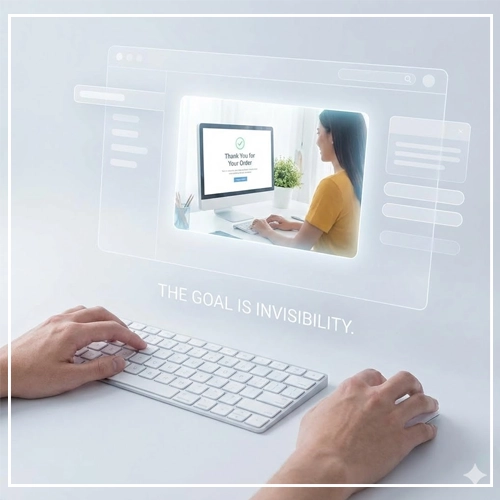 Conclusion of UI Usability A conceptual image of a user interacting with a computer where the interface is transparent and "invisible," highlighting the successful completion of a task with the text THE GOAL IS INVISIBILITY