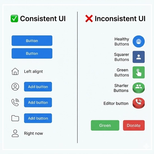 Consistent vs. Inconsistent UI A side-by-side comparison image; on the left, a clean "Consistent UI" with uniform elements, and on the right, a chaotic "Inconsistent UI" with mixed styles.