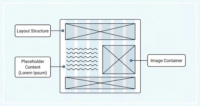 Core Components of a Wireframe Layout An infographic deconstructing a wireframe with labels for Layout Structure, Placeholder Content, and Image Container.