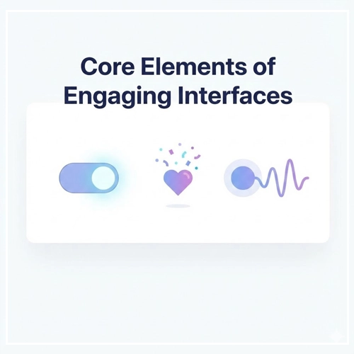 Core Elements of Engaging Interfaces Interactive UI Design A composite illustration showing a toggle switch, an animated heart with confetti, and a haptic feedback wave, representing core elements of engaging interfaces.
