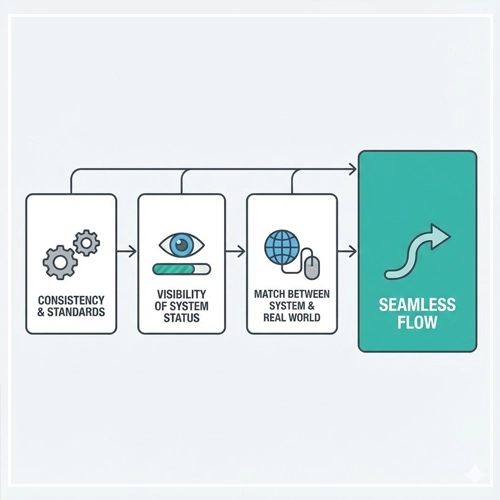 Core Principles for Seamless Flows Flowchart showing Consistency, Visibility of System Status, and Match Between System & Real World leading to a Seamless Flow.