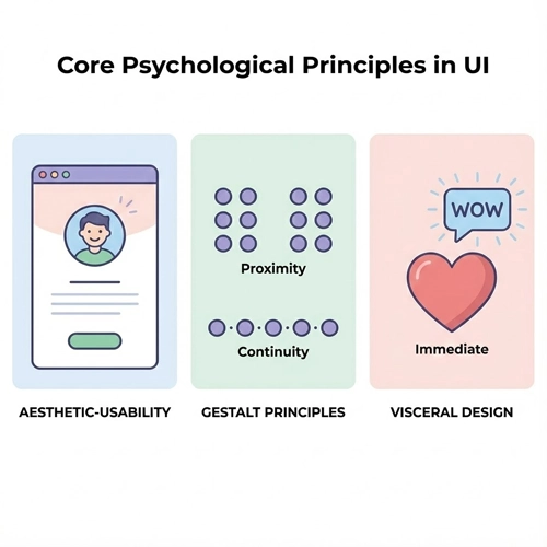 Core Psychological Principles A triptych illustration showing three core psychological principles in UI: Aesthetic-Usability Effect, Gestalt Principles (Proximity and Continuity), and Visceral Design.