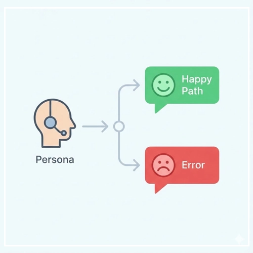 Designing the Conversation A simple flowchart for VUI conversation design, showing a path from 'Persona' to a branching point with a 'Happy Path' and an 'Error' path.