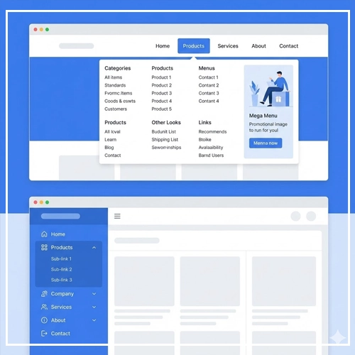 Desktop Menu Patterns Menu-driven Interface: An illustration of two common desktop navigation patterns: a top horizontal bar with a large mega menu and a left vertical sidebar menu with expandable sections.