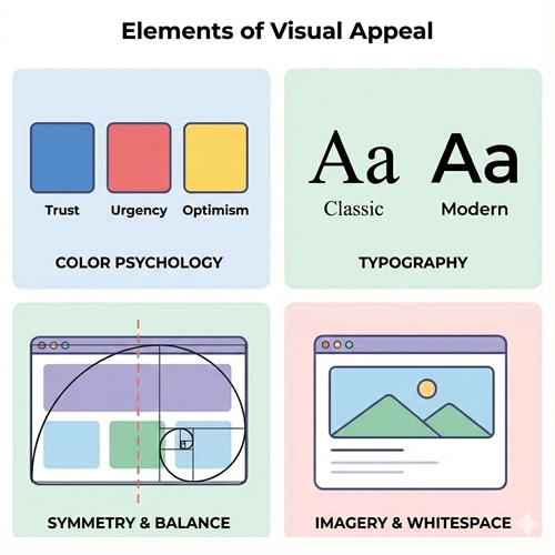 Elements of Visual Appeal A four-panel grid illustration showcasing the elements of visual appeal: Color Psychology with emotional associations, Typography (serif vs. sans-serif), Symmetry and Balance with a Golden Ratio overlay, and Imagery and Whitespace in a clean layout. visual appeal