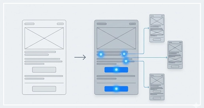 From Static Layouts to Rapid Prototyping An illustration showing the process of adding interactive hotspots to a static wireframing for rapid prototyping.