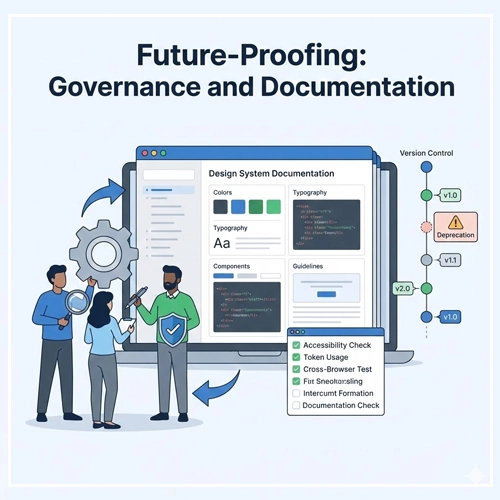 Future-Proofing Governance and Documentation An illustration of a team collaborating around a central Design System Documentation platform, showing features like version control, deprecation warnings, and a governance checklist for future-proofing.