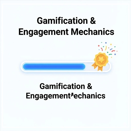 Gamification & Engagement Mechanics Interactive UI Design An illustration of a progress bar almost full, with a celebratory badge and confetti, representing gamification and engagement mechanics.