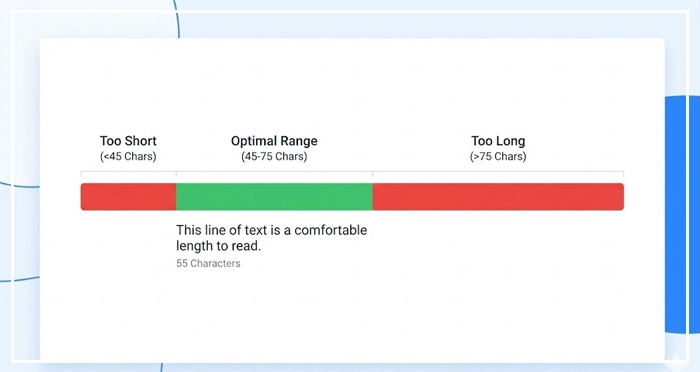 Graphic illustrating the ideal typography line length range Graphic illustrating the ideal typography line length range between 45 and 75 characters for user interface design