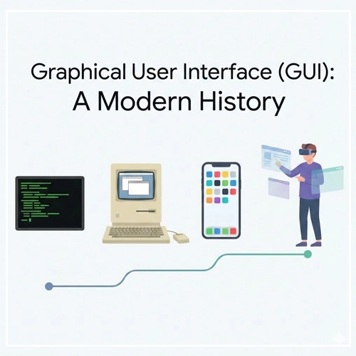 A visual timeline showing the evolution of the Graphical User Interface, from a command-line screen to a desktop computer, a smartphone, and finally a user with an AR/VR headset.