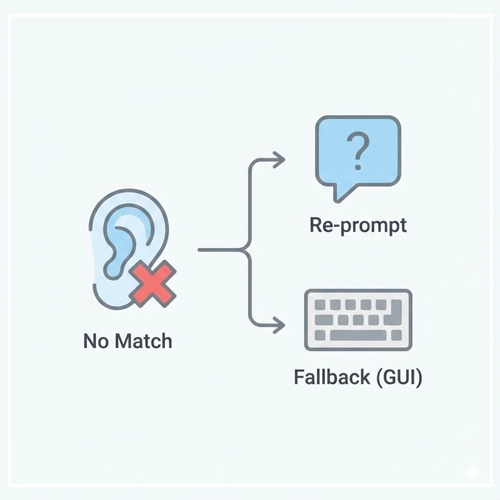 Handling Errors Voice User Interface - A diagram illustrating VUI error handling, with a 'No Match' icon leading to 'Re-prompt' and 'Fallback (GUI)' options.