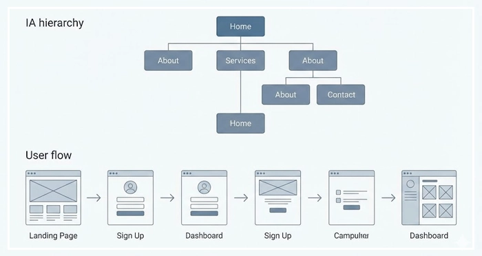 Information Architecture & User Flow A minimalistic diagram showing an Information Architecture hierarchy and a linear User Flow with wireframe screens.