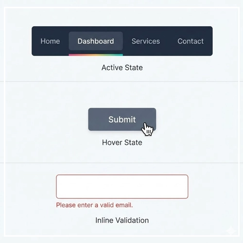 Interaction Design Guidelines Examples of consistent UI interactions: a navigation bar with an active state, a button with a hover effect, and a form field with an inline error message.