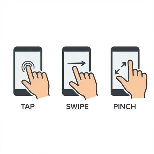 Interaction Design Guidelines A triptych illustrating three common mobile gestures. From left to right: a "Tap" gesture with a finger on a screen, a "Swipe" gesture with a finger moving horizontally, and a "Pinch" gesture with a thumb and forefinger moving together.