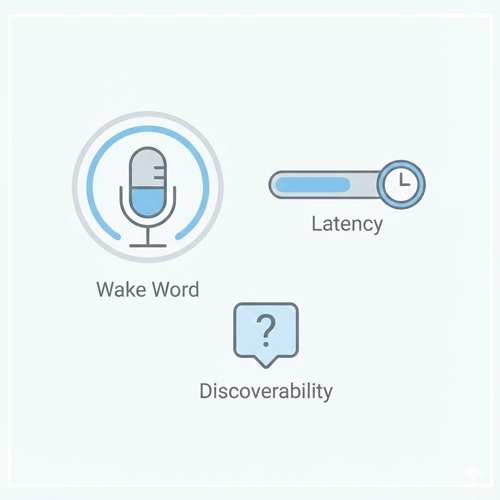 Interaction Guidelines & Logic Illustration of key Voice User Interface interaction logic concepts: a 'Wake Word' icon, a 'Latency' progress bar, and a 'Discoverability' speech bubble.