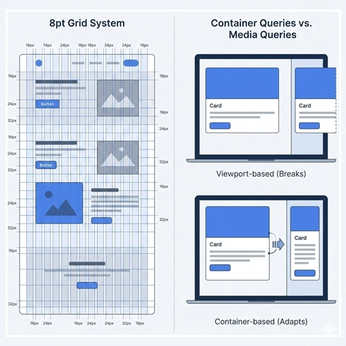 Layout and Spatial Logic An illustration showing an 8pt Grid System on the left, and a comparison on the right demonstrating how Container Queries allow components to adapt to their parent container, unlike traditional Media Queries that break.