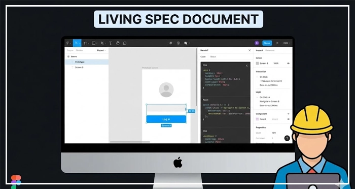 Living Spec Document A design tool interface serving as a "Living Spec Document," allowing developers to inspect logic and code from a prototype to reduce technical debt.