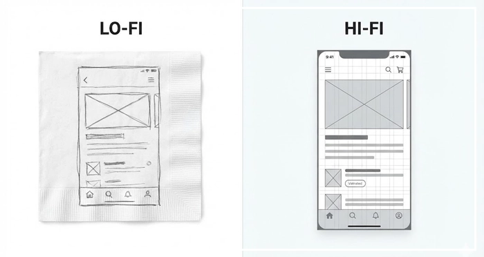 Lo-Fi vs Hi-Fi Wireframes A split-screen illustration comparing a low-fidelity hand-drawn wireframe on a napkin with a high-fidelity digital wireframe.