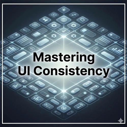 A futuristic, glowing grid of uniform UI components symbolizing "Mastering UI Consistency.