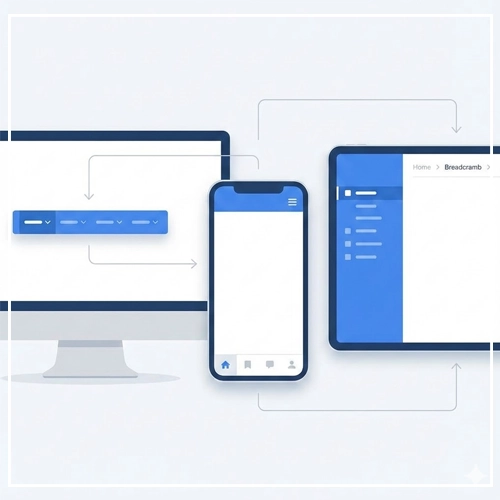 An abstract illustration of a desktop, smartphone, and tablet, each displaying a different menu-driven navigation interface, connected by lines to show the flow of user navigation.