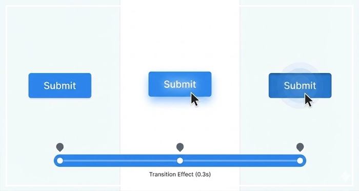 Micro-interactions & Transition Effects A sequence demonstrating a button's micro-interactions and transition effects, from normal to hover and pressed states, within an interactive prototype.