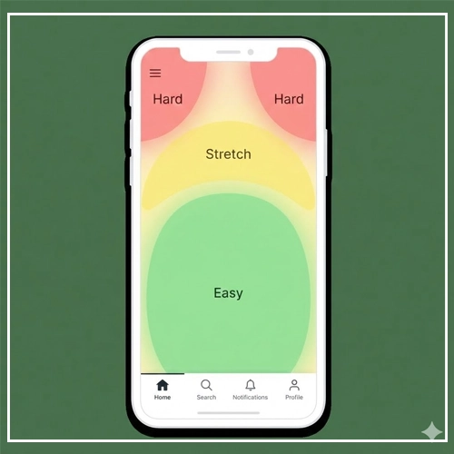 Mobile Navigation Patterns A smartphone screen showing a heatmap of the "thumb zone" for one-handed use, with a bottom navigation bar placed in the "Easy" reach zone.