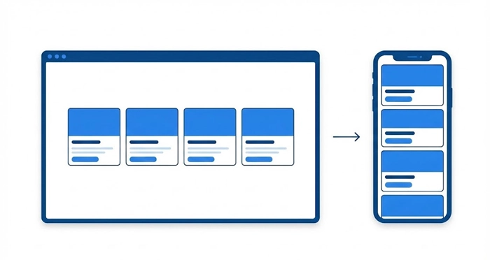 Mobile Responsiveness 1 A diagram illustrating the responsive behavior of Card UI, transitioning from a horizontal grid on a desktop to a vertical stack on a mobile device.
