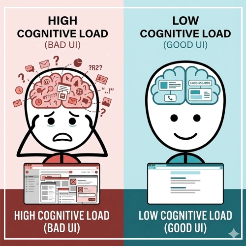 Optimizing Cognitive Load in UI Infographic comparison of High Cognitive Load (Bad UI) and Low Cognitive Load (Good UI), showing cluttered vs. organized interfaces and user mental states.