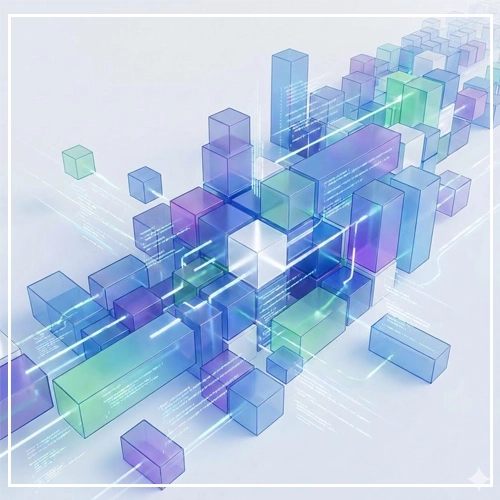 A high-impact digital illustration showing a dynamic, evolving structure of interconnected modular blocks and data streams, symbolizing scalable and flexible UI architecture.