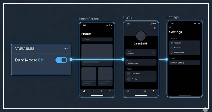 State Logic & Variables A diagram illustrating how state logic and variables in a high-fidelity prototype can instantly update multiple screens, such as toggling dark mode.
