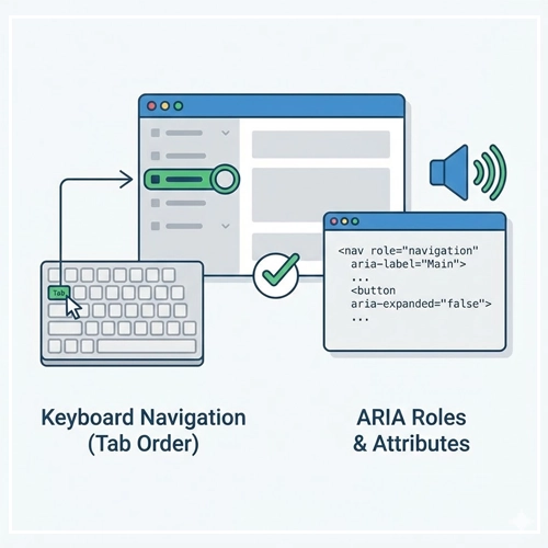 Technical & Accessibility Considerations A diagram showing two key accessibility features for menus: keyboard navigation with a focus indicator, and a code snippet illustrating ARIA roles and attributes for screen readers.