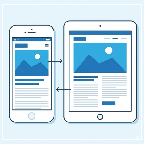 Technical Considerations for Designers An illustration showing a smartphone and a tablet side-by-side, displaying the same responsive web content. Arrows indicate the fluid adaptation of the layout from a single column on the phone to a two-column grid on the tablet.