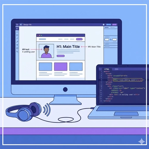 Technical Considerations for Designers An illustration of a designer's workspace with a design file showing accessibility annotations (alt text, H1) and a laptop displaying corresponding HTML/CSS code and a screen reader icon.