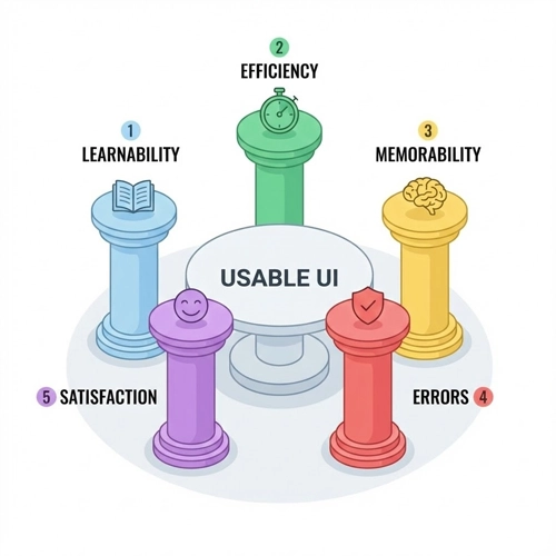 The 5 Components of Usability The five pillars of a usable UI: Learnability, Efficiency, Memorability, Errors, and Satisfaction, supporting a central platform.