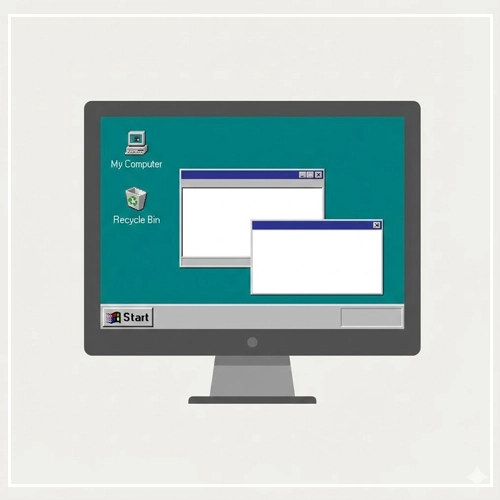 The Battle for Dominance- Windows 95 A computer monitor displaying the classic Windows 95 desktop, featuring the Start button, taskbar, and simple windows.