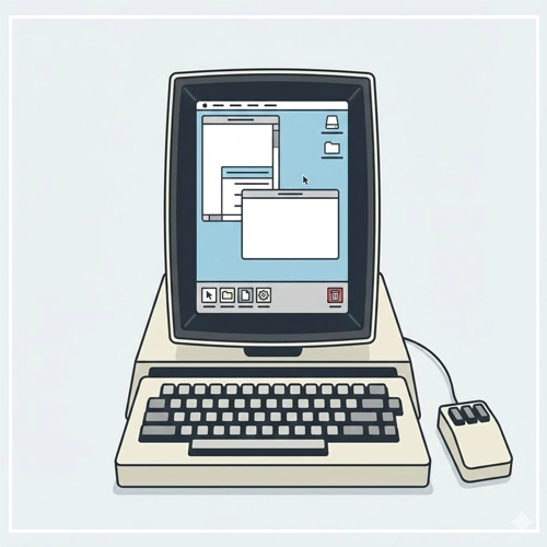 The Birth of the Paradigm- Xerox PARC An illustration of the Xerox Alto computer, featuring a portrait monitor with a graphical user interface, a keyboard, and a three-button mouse.
