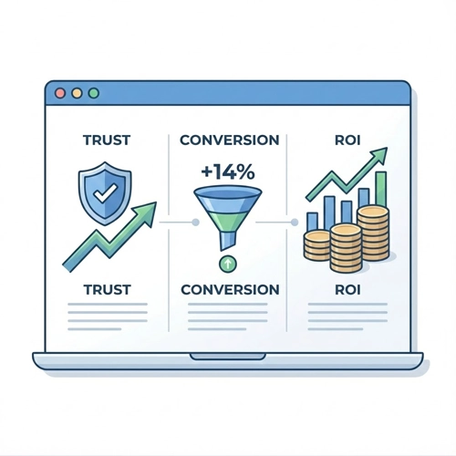 The Business Case A minimalist infographic illustrating the business case for good design, showing positive trends in trust, conversion rates, and return on investment. visual appeal ui
