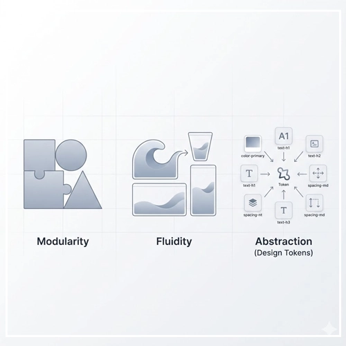 The Core Principles of Scalable UI Architecture A minimalistic illustration showing three core principles of scalable UI: Modularity (interlocking shapes), Fluidity (a wave adapting to containers), and Abstraction (design tokens separated from raw values).