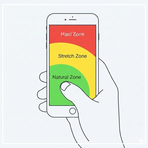The Ergonomics of Touch Touchscreen interface : An illustration of a hand holding a smartphone, showing the "Thumb Zone" heatmap. A green "Natural Zone" is at the bottom, a yellow "Stretch Zone" in the middle, and a red "Hard Zone" at the top, indicating ergonomic reachability.