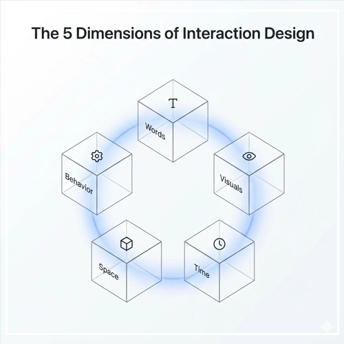 The Foundations of Interaction Design Interactive UI Design An infographic illustrating "The 5 Dimensions of Interaction Design" as interconnected blocks labeled Words, Visuals, Space, Time, and Behavior.