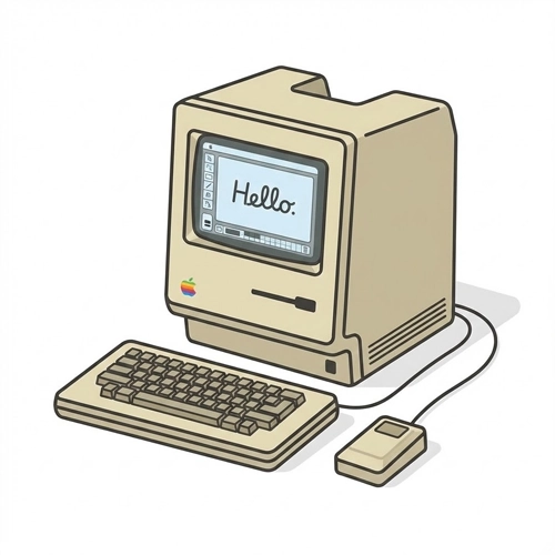 The Mainstream Explosion- Apple Macintosh A friendly, beige Apple Macintosh computer with a "Hello" message on its screen, accompanied by a keyboard and mouse.