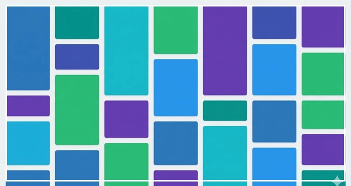 The Masonry Grid 1 An abstract illustration of a masonry grid layout, where Card UI elements of varying heights and widths are arranged in an interlocking pattern.