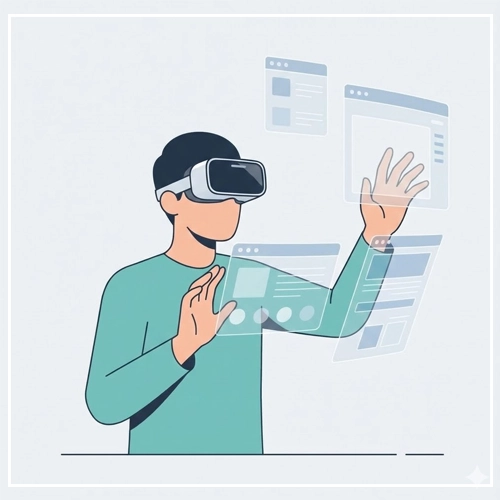 The Modern Era- Spatial Computing An illustration of a person wearing an AR/VR headset and interacting with floating, translucent digital windows in a spatial computing environment.