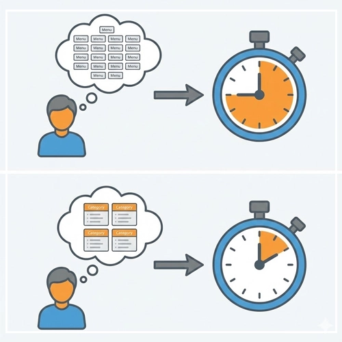 The Psychology of Navigation (Hicks Law) A two-part diagram illustrating Hick's Law. The top half shows a user faced with many choices, leading to a long decision time on a stopwatch. The bottom half shows a user with fewer, categorized choices, leading to a much shorter decision time.