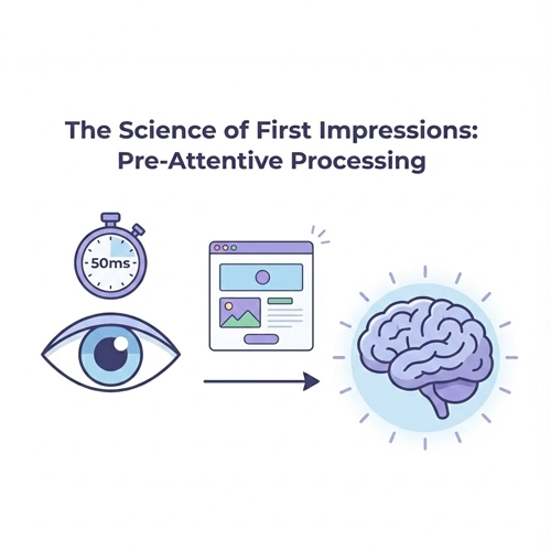 The Science of First Impressions Visual Appeal A diagram illustrating pre-attentive processing, showing the brain making a 50-millisecond judgment based on basic visual cues like color and shape.